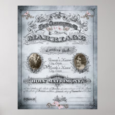Blue Tone Butterfly Vintage Marriage Certificate Poster