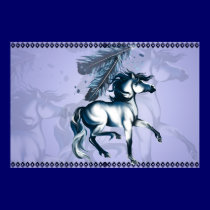 Blue Tone Horse and Feathers Print