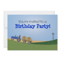 Blue Tractor Party Invitation
