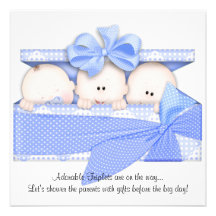 Blue Triplet Baby Shower Invitation Announcement