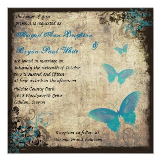 Blue Vintage Butterfly Wedding Invitation