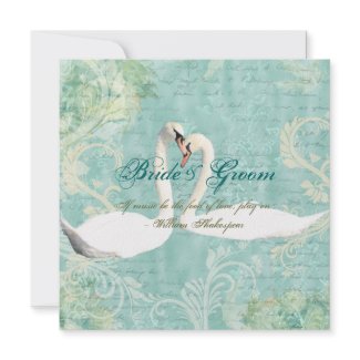 Blue vintage floral swirl swans invitation