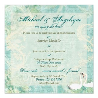 Blue vintage floral swirl swans personalized invitation
