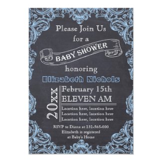 Blue vintage frame and chalkboard baby shower card