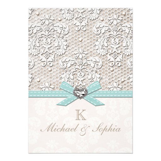 Blue Vintage Lace and Pearls Glamour Wedding Custom Invitations