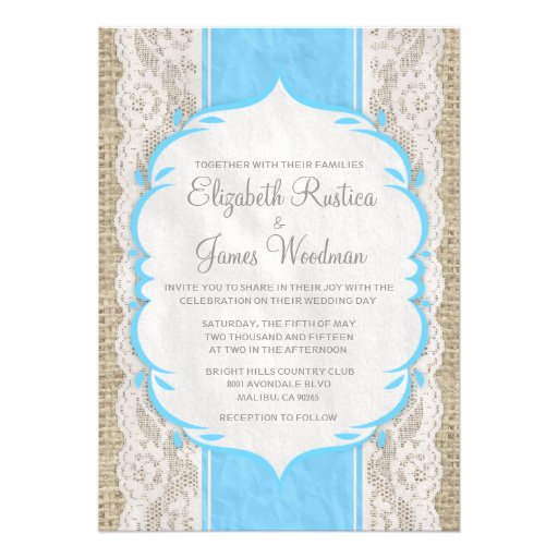 Blue Vintage Linen Burlap Lace Wedding Invitations