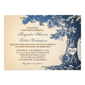 blue vintage old oak tree wedding invitations
