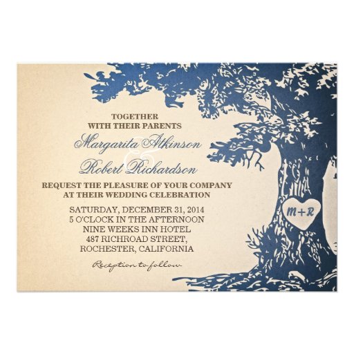 blue vintage old oak tree wedding invitations