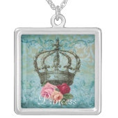 Blue Vintage Rose and Crown Square Necklace necklace