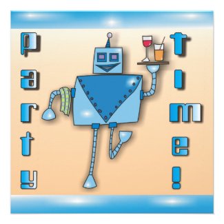 Blue Waiter Robot with Tray of Drinks Party Invite