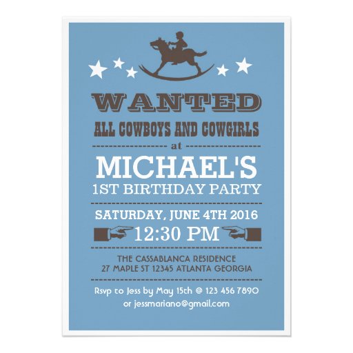 Blue Wanted Western Cowboy Birthday Invitation
