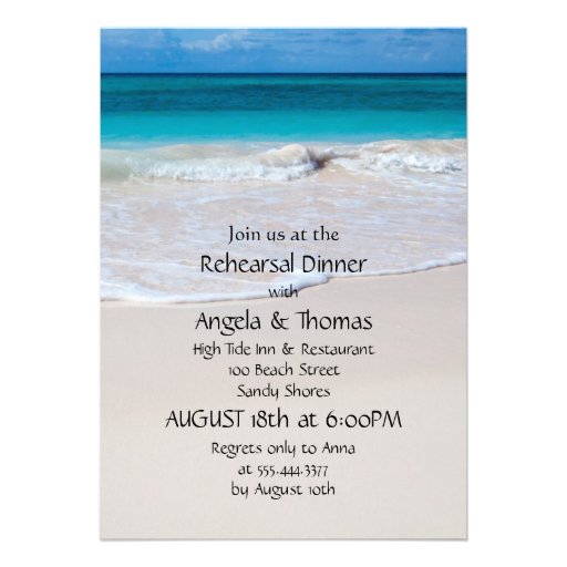 Blue Water Beach Sand Rehearsal Dinner Invitations (front side)