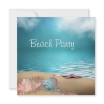 Blue Water Seashells Sand Beach Party Custom Announcements