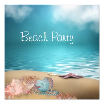 Blue Water Seashells Sand Beach Party Custom Announcements
