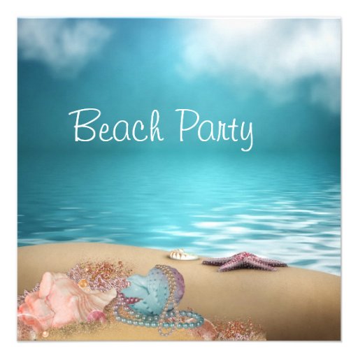 Blue Water Seashells Sand Beach Party Custom Announcements (front side)