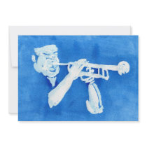 Blue watercolour painting of trumpet player custom invitations