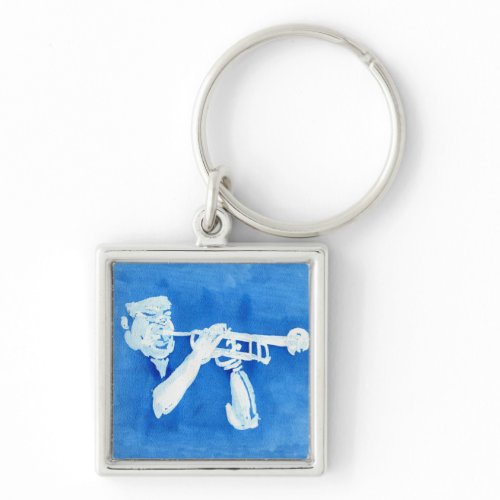 Blue watercolour painting of trumpet player keychain