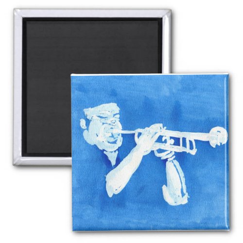Blue watercolour painting of trumpet player magnet