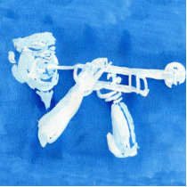 Blue watercolour painting of trumpet player acrylic cut outs