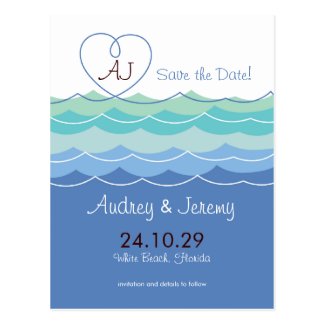 Blue Waves Loopy Heart Beach Modern Save The Date Post Cards