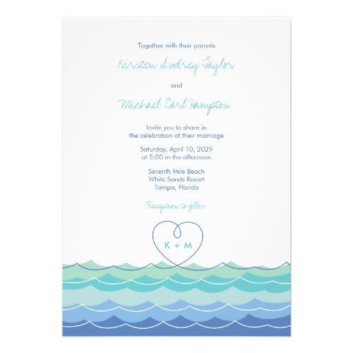Blue Waves Loopy Heart Beach Wedding Invitation