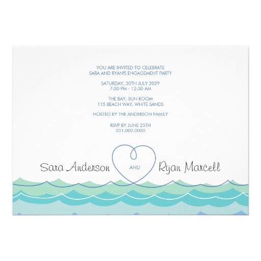 Blue Waves Loopy Heart Engagement Party Invitation