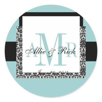 Blue Wedding Monogram Names Damask Stickers