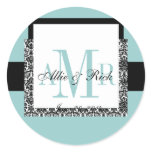 Blue Wedding Monogram Names Damask Stickers