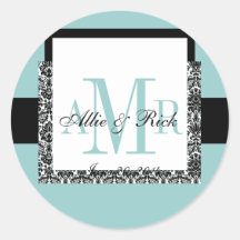 Blue Wedding Monogram Names Damask Stickers
