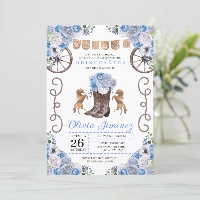 Blue Western Charra Floral Boots Quincea Era Invitation Zazzle