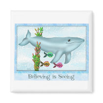 Blue Whale & Fish Friends Square Magnet by TheBluePlanet Blue Whale & Fish Friends Square Magnet