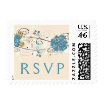 Blue whimsical floral swirls wedding rsvp stamps