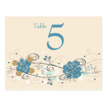 Blue whimsical floral swirls wedding table number postcard