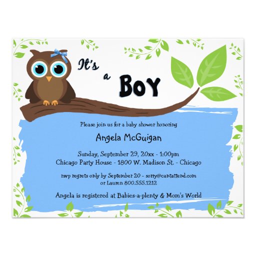 Blue Whimsical Owl Baby Shower Invite