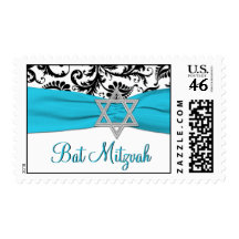 Blue, White, and Black Damask Bat Mitzvah Postage
