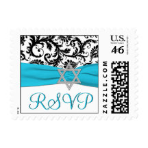 Blue, White, and Black Damask Bat Mitzvah RSVP Postage Stamp