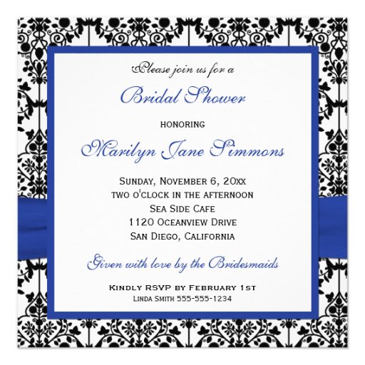 Blue, White, and Black Damask Bridal Shower Invite