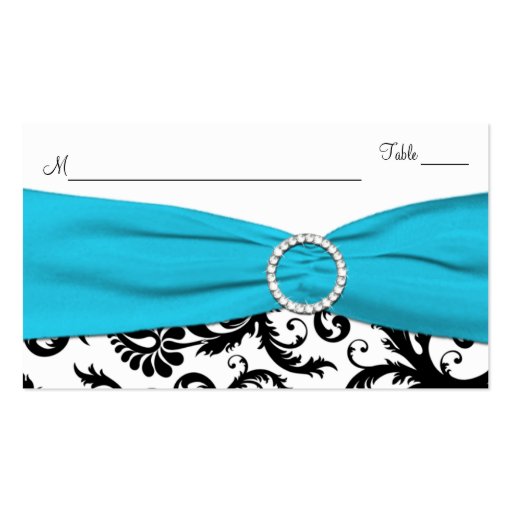Blue, White and Black Damask Place Card Business Cards (front side)