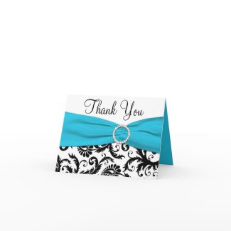 Blue, White, and Black Damask Thank You Note Card card