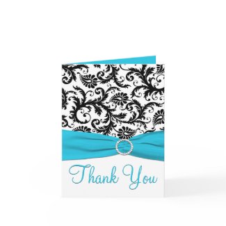 Blue, White, and Black Damask Thank You Note Card card