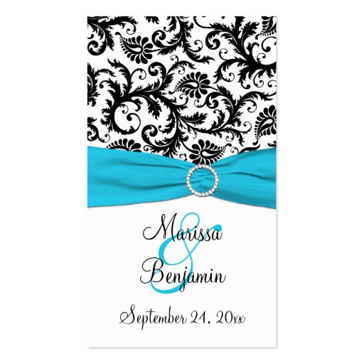Blue, White, and Black Damask Wedding Favor Tag Business Card Templates (front side)