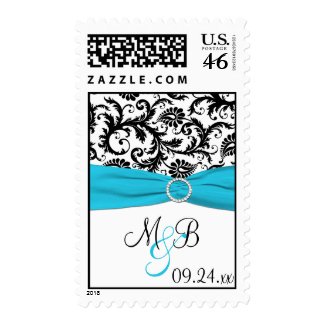Blue, White, and Black Damask Wedding Postage stamp