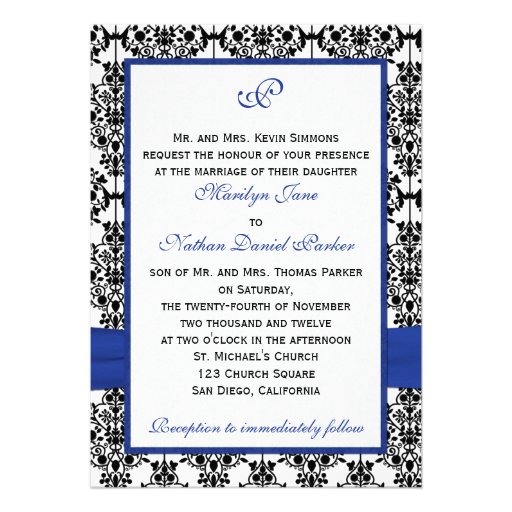 Blue, White, Black Damask Photo Wedding Invitation