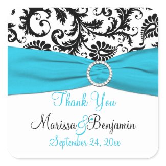 Blue, White, Black Damask Wedding Favor Sticker sticker