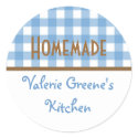 Blue white brown gingham homemade food label seal sticker