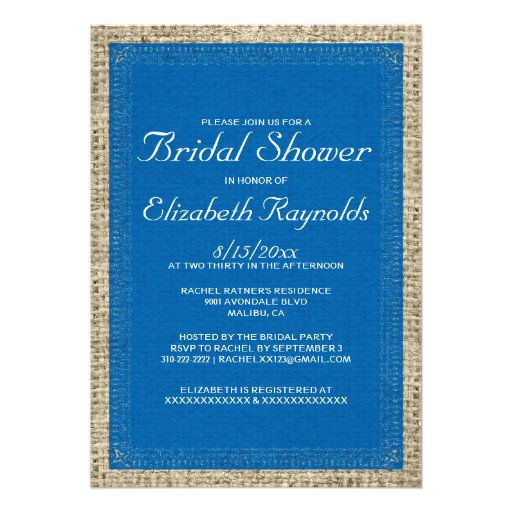 Blue & White Burlap Bridal Shower Invitations