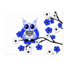 Blue White Cherry Blossoms Owl Business Card