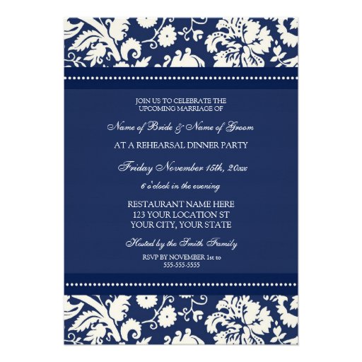 Blue White Damask Rehearsal Dinner Party Invitation