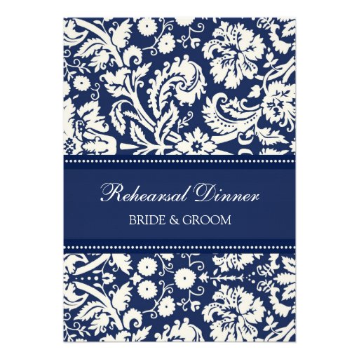 Blue White Damask Rehearsal Dinner Party Invitation (front side)