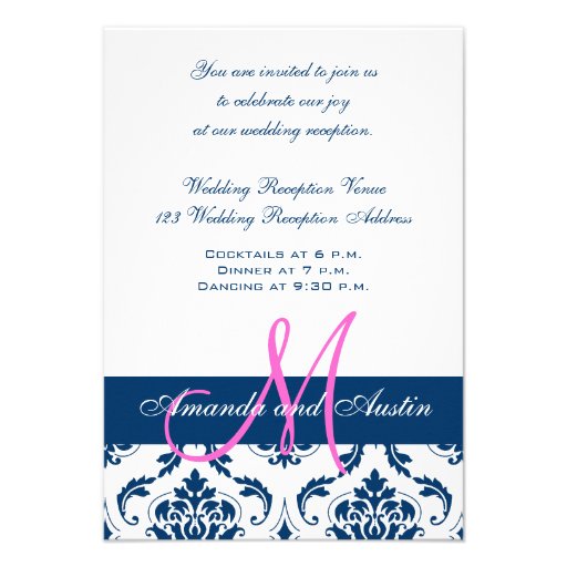 Blue White Damask Wedding Reception Invitation